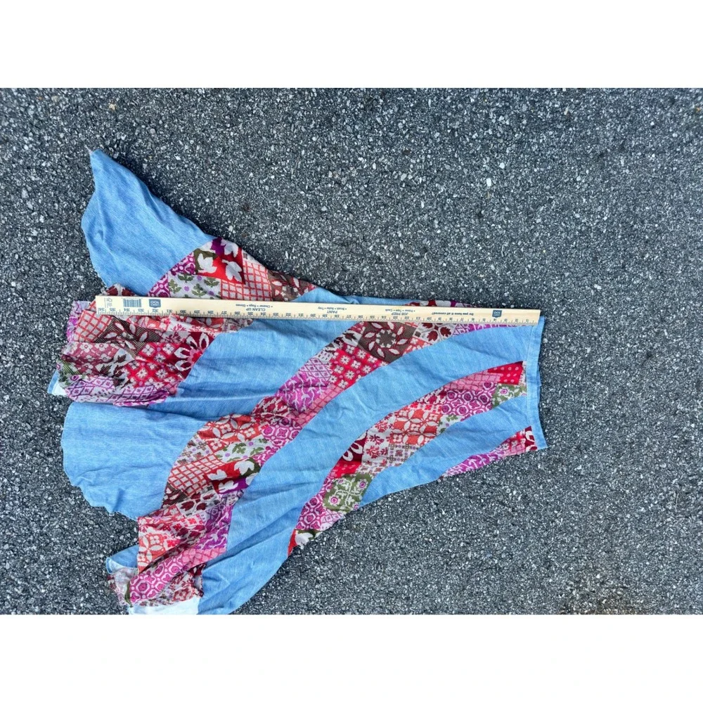 70s Vintage Spiral Patchwork Maxi Skirt Blue Denim Boho Floral Red Pink 23 Waist
